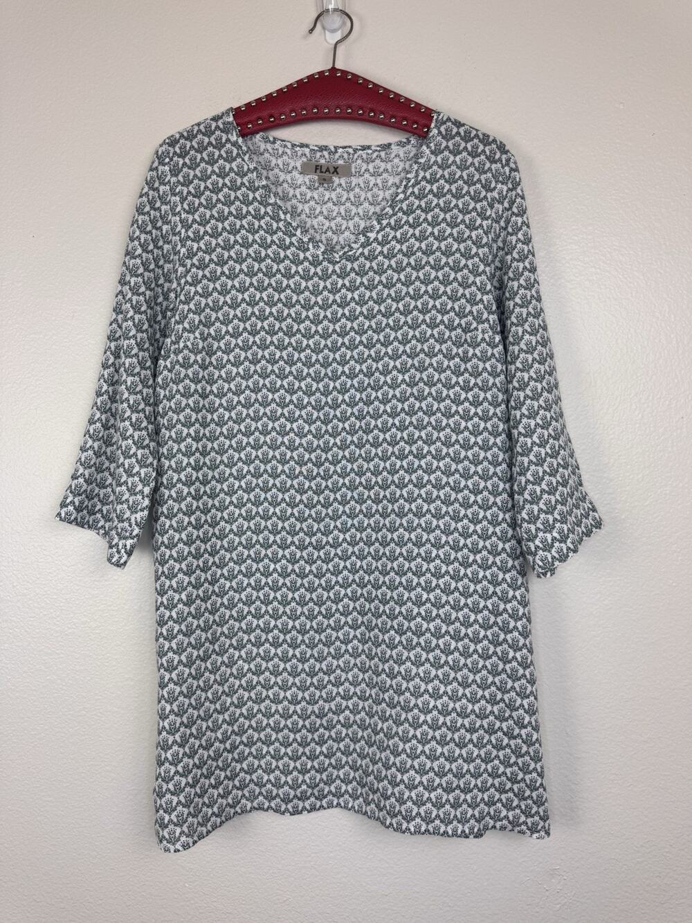 Flax Linen Long & Easy Pull Tunic Lagenlook Pockets Thyme Regalia Green Ivory S